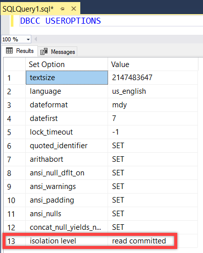 DBCC Useroptions query output