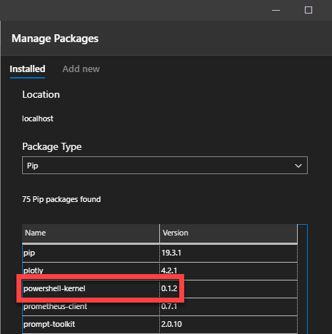 Screenshot showing list of installed packages in Azure Data Studio