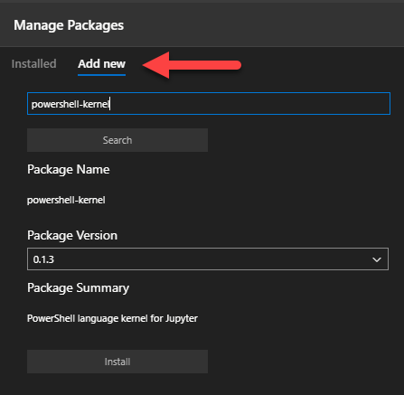 Screenshot showing "add new" tab of package manager in Azure Data Studio
